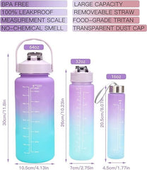 3 Piece Motivational Water Bottle Set BPA Free Plastic Gradient Colors For Students Fitness And Daily Use | Random Color