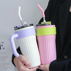 40oz Thermos Travel Mug with Handle, Leakproof Lid & Stainless Steel Straw – Double Wall Insulated Hot & Cold Tumbler - Random Color
